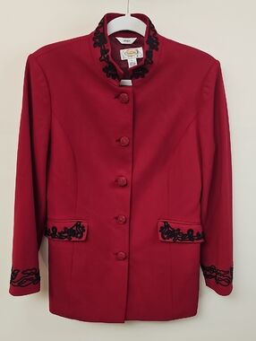 Talbots Red Stand-Collar Blazer with Black Embroidery